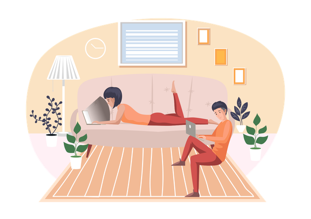 Man and woman freelancers working remotely at home  Illustration