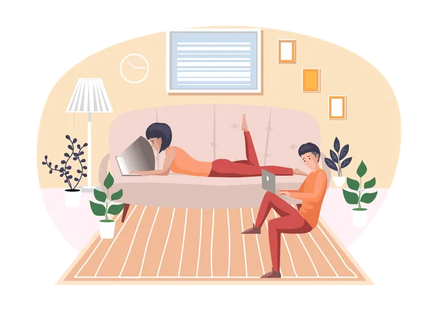 Man and woman freelancers working remotely at home  Illustration