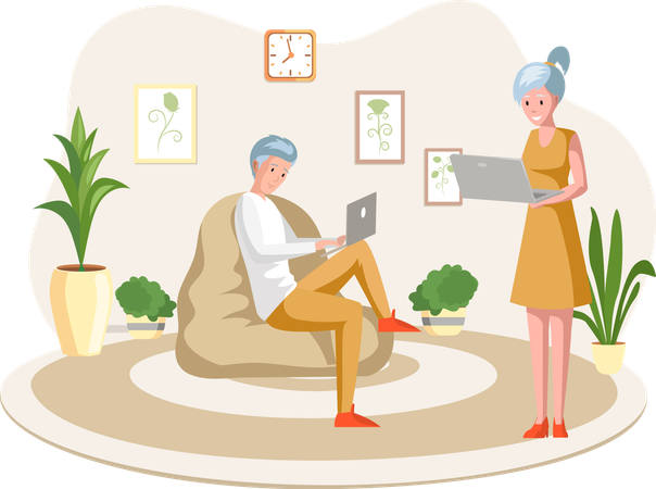 Man and woman freelancers working remotely and surfing internet  Illustration