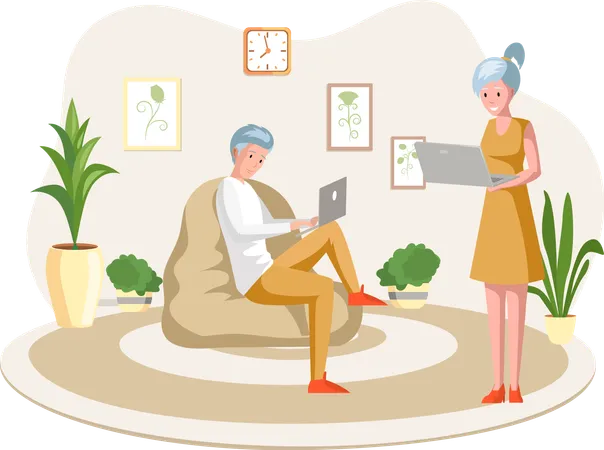 Man and woman freelancers working remotely and surfing internet  Illustration