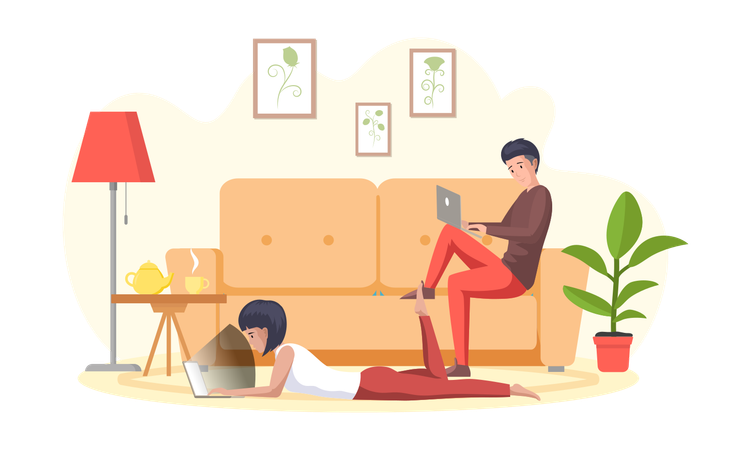 Man and woman freelancers working remotely and surfing internet  Illustration