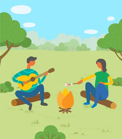 Man and woman friends camping  Illustration