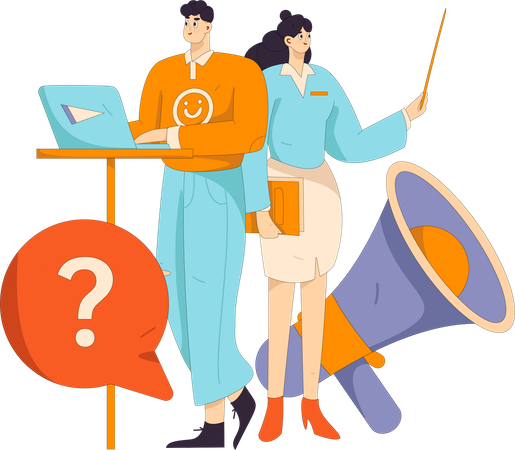 Man and woman getting marketing faq  Illustration