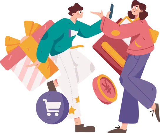 Man and woman getting shopping gift  Illustration