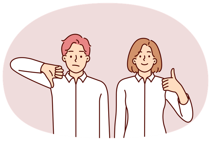 Man and woman give different assessment of upcoming business deal showing thumbs up or down  Illustration