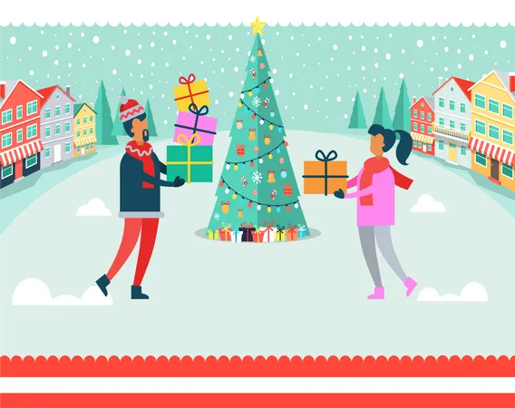 Man and Woman giving gift each other on Christmas  Illustration