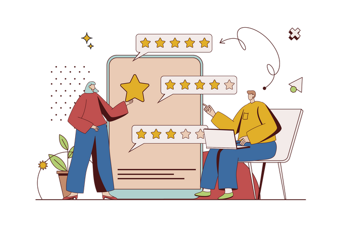 Man and woman giving high rating stars and writing reviews with their positive experience  Illustration