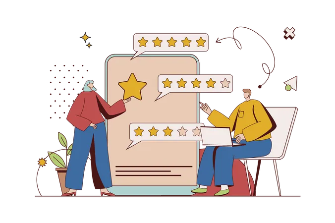 Man and woman giving high rating stars and writing reviews with their positive experience  Illustration