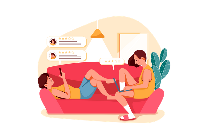 Man and woman giving product review Illustration