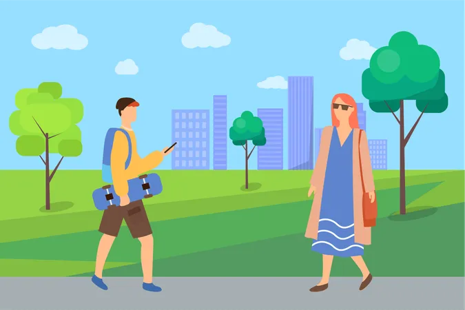 Pedestrians Man And Woman Going In Urban Park Portrait View Of People In Casual Clothes Cityscape Of Buildings And Trees Walking Outdoor Vector Illustration