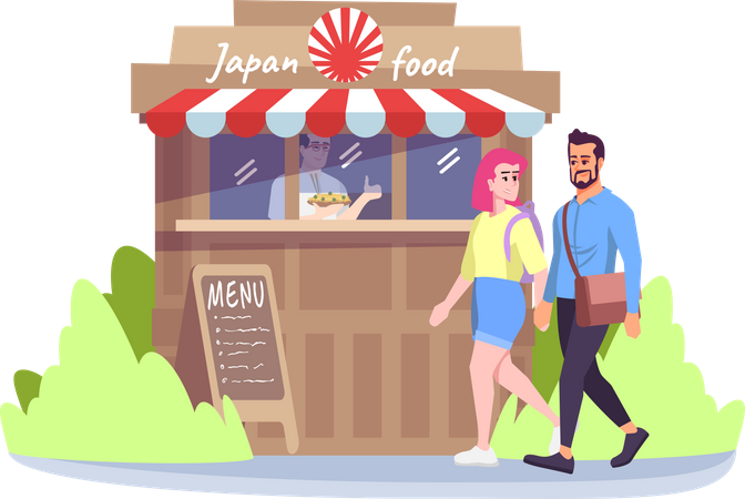 Man and woman going to japan food cafe Illustration