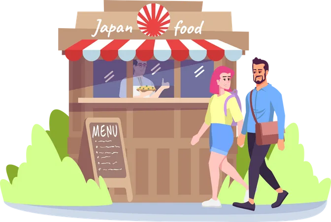 Man and woman going to japan food cafe Illustration