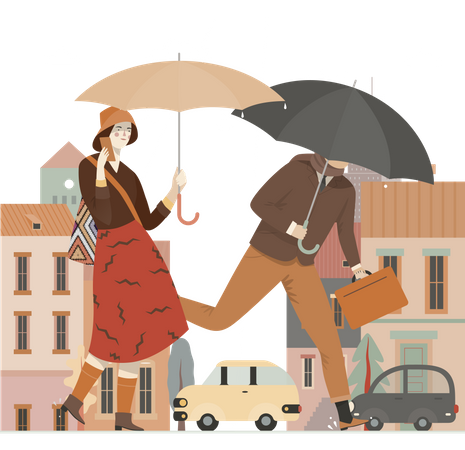 Man and woman going to office in rainy weather  Illustration