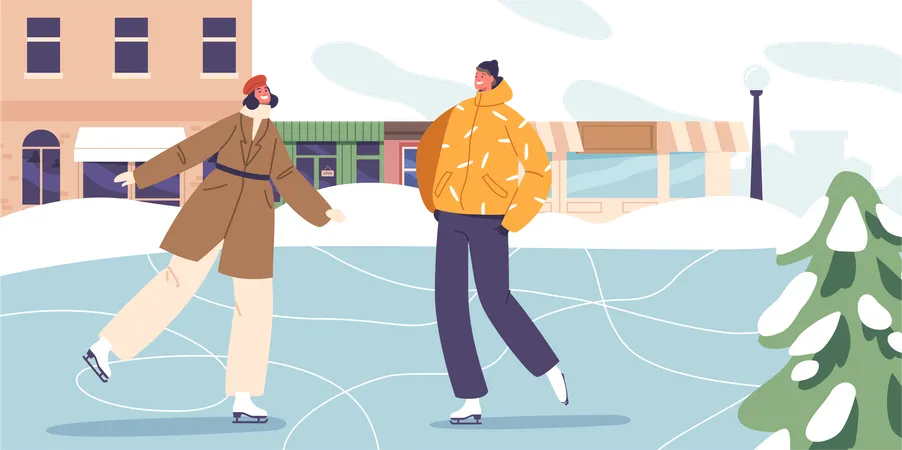 Man And Woman Characters Gracefully Glide Across The City Ice Rink Their Smiles Shining As Brightly As The City Lights Creating A Picturesque Winter Scene Cartoon People Vector Illustration Illustration