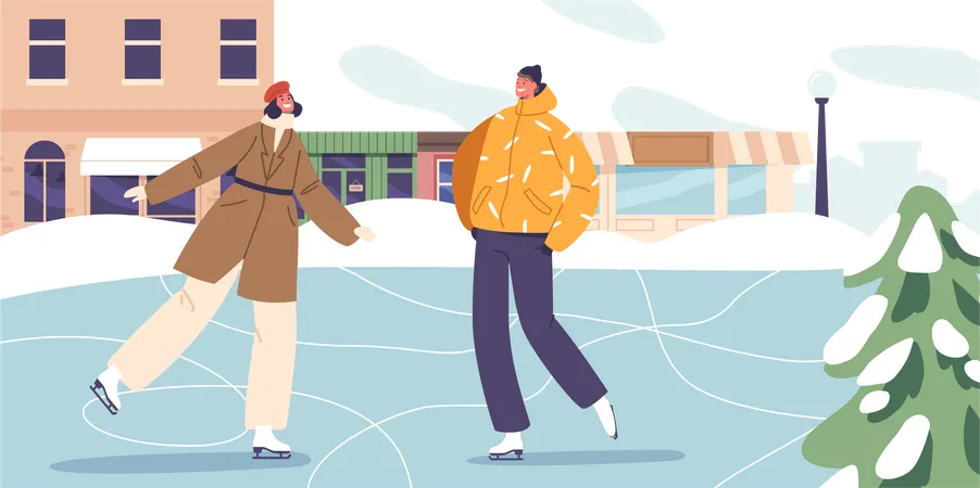 Man And Woman Gracefully Glide Across The City Ice Rink  Illustration