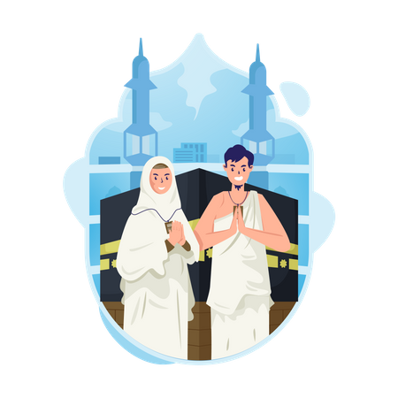 Man and Woman Hajj pilgrim wears ihram clothes with a Kaaba  Illustration