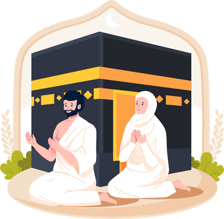 Man and Woman Hajj pilgrim wears ihram clothes with a Kaaba  Illustration