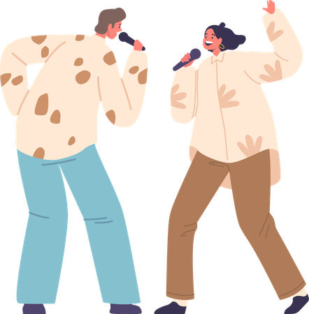 Man and woman harmoniously sing karaoke  Illustration
