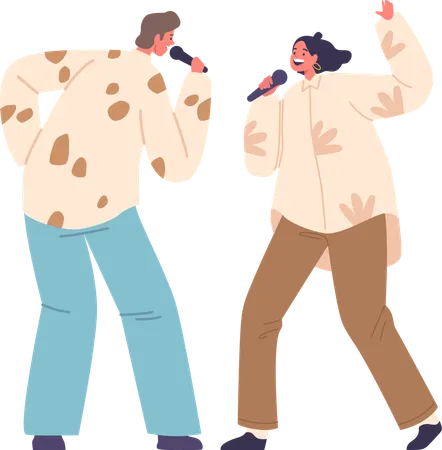 Man And A Woman Characters Harmoniously Sing Karaoke Their Voices Blending In Musical Unity Filling The Room With Joyful Melodies And Shared Passion Cartoon People Vector Illustration Illustration