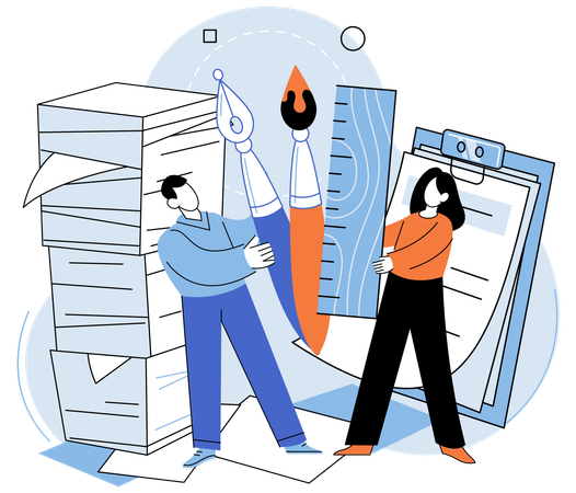 Man and woman have heavy workload includes handling lot paperwork  Illustration