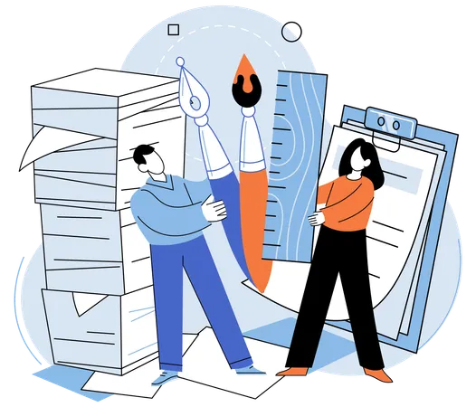 Man and woman have heavy workload includes handling lot paperwork  Illustration