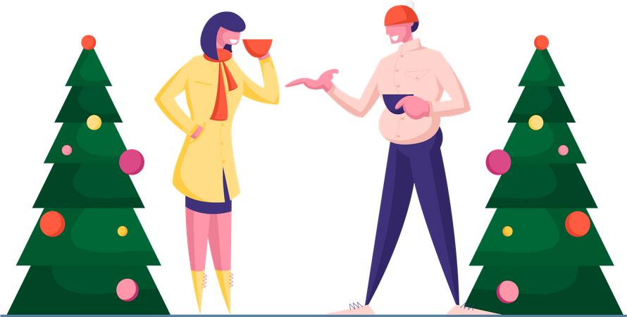 Man and Woman Having Conversation Standing at Decorated Christmas Trees  Illustration
