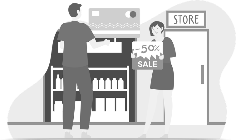 Man And Woman Having Flash Sale On Store  Illustration