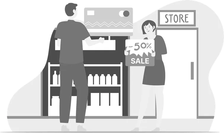 Man And Woman Having Flash Sale On Store  Illustration