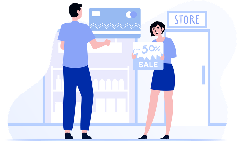 Man And Woman Having Flash Sale On Store  Illustration