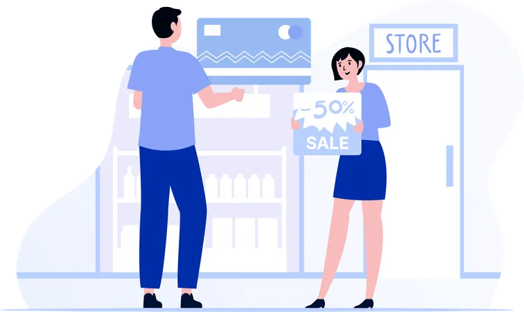 Man And Woman Having Flash Sale On Store  Illustration