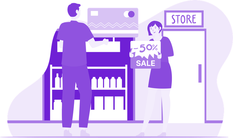 Man And Woman Having Flash Sale On Store  Illustration