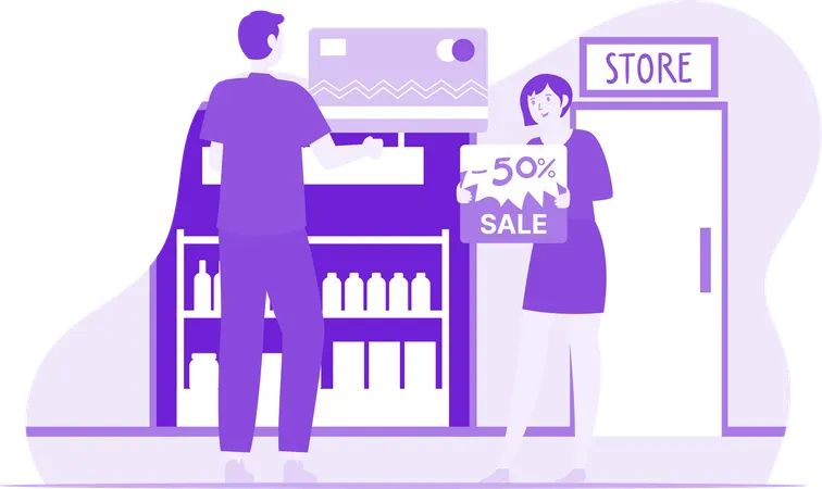 Man And Woman Having Flash Sale On Store  Illustration
