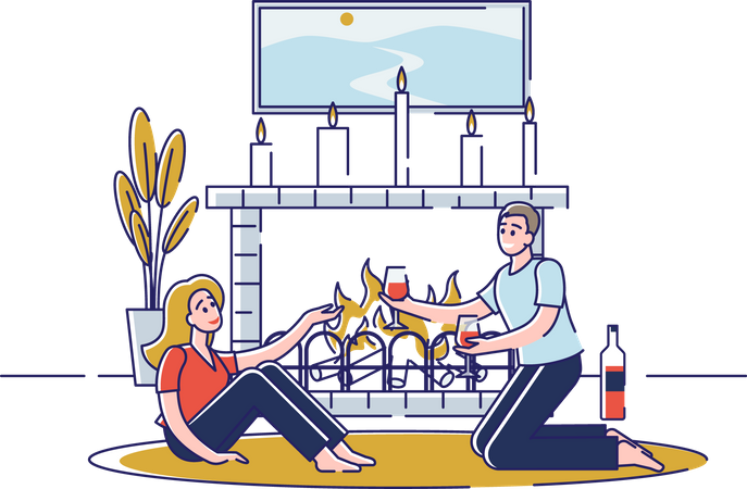 Man and woman having wine while sitting near firepit Illustration