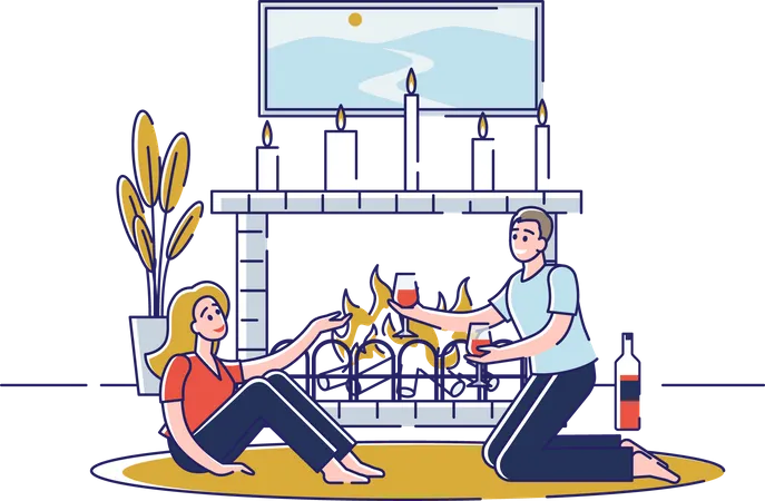 Concept Of Romantic Evening Young Happy Couple In Love Is Spending Unforgettable Time Together At The Fireplace With Candles Characters Drink Wine Cartoon Linear Outline Flat Vector Illustration Illustration