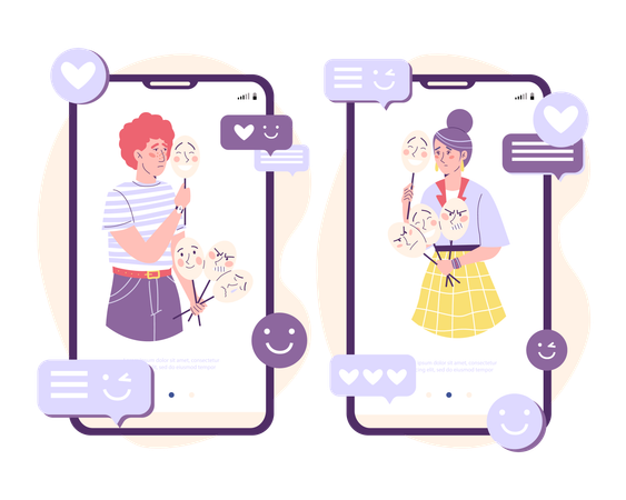 Man and woman hide their emotions under mask on social media  Illustration
