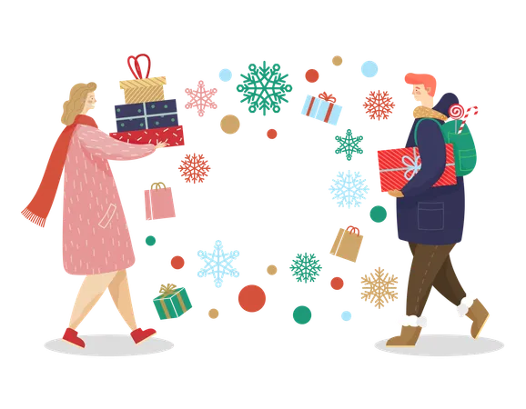 Christmas Sale Up To 25 Percent Off Woman And Man Hold Colorful Boxes With Presents People Buy Gifts On Holiday Clearance Icons Of Packages And Snowflakes Vector Illustration In Flat Style Illustration
