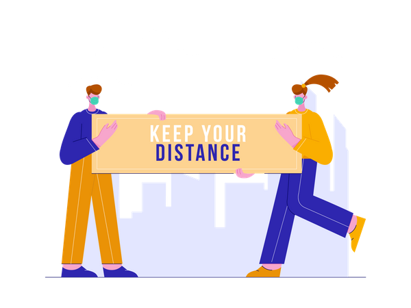 Man and woman holding banner of keep your distance Illustration