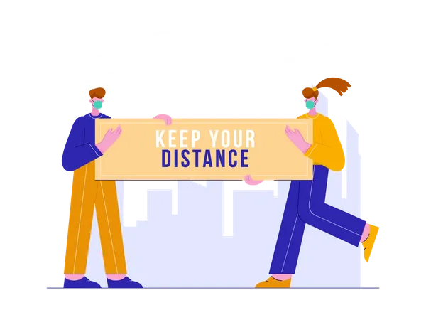 Man and woman holding banner of keep your distance  Illustration