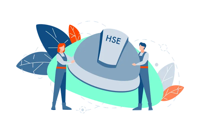 Man and woman holding big helmet together with hse acronym  Illustration