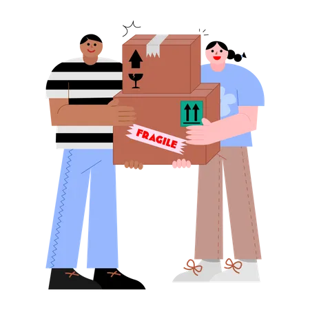 Man And Woman Holding Boxes Vector Illustration In Flat Color Design Illustration