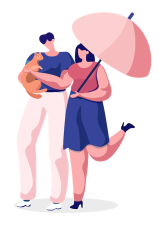 Man and Woman Holding Cat Walking Under Umbrella  Illustration