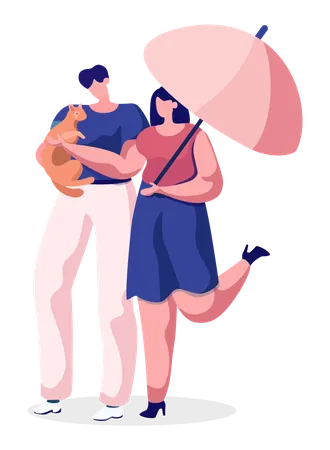 Man and Woman Holding Cat Walking Under Umbrella  Illustration