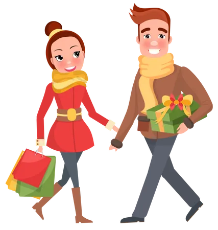 Man and woman holding christmas gifts  Illustration