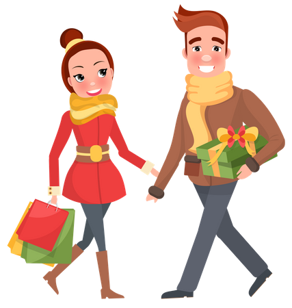 Man and woman holding christmas gifts  Illustration