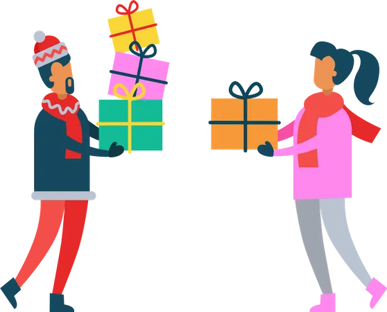 Man and Woman Holding Christmas Presents in Hands  Illustration