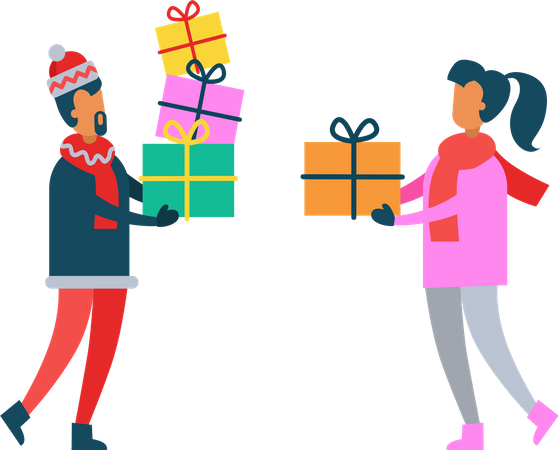 Man and Woman Holding Christmas Presents in Hands  Illustration