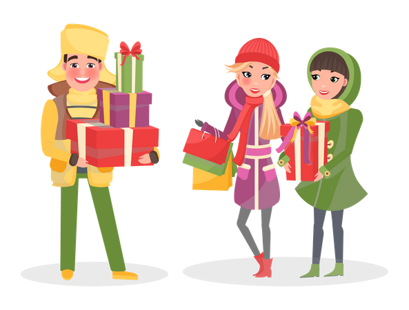 MAn and woman holding gifts  Illustration