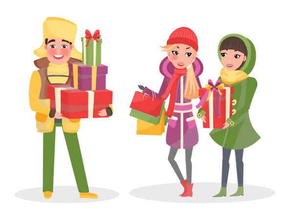 MAn and woman holding gifts  Illustration