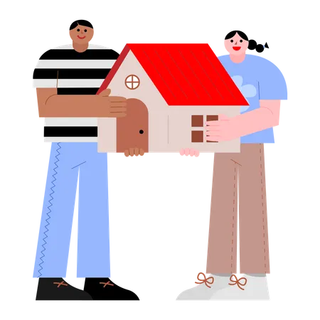 Man And Woman Holding House Vector Illustration In Flat Color Design Illustration