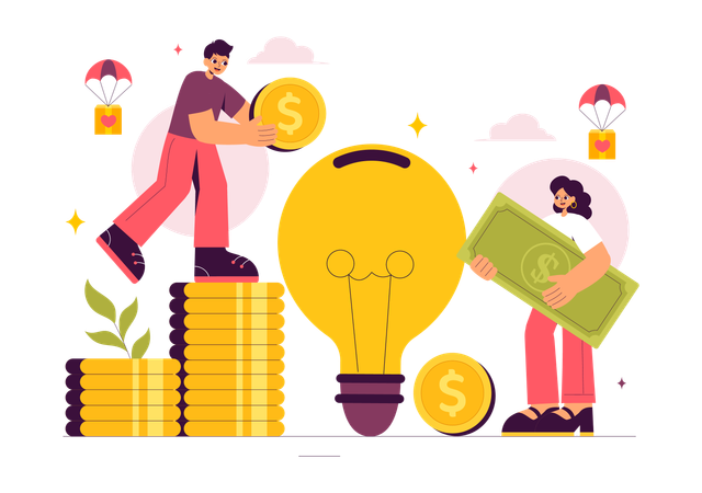 Man and woman holding money while having donation idea  Illustration